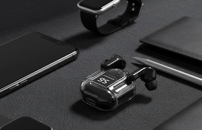 Transparent Ultrapods Max TWS Earbuds with LED Display Case - Image 3